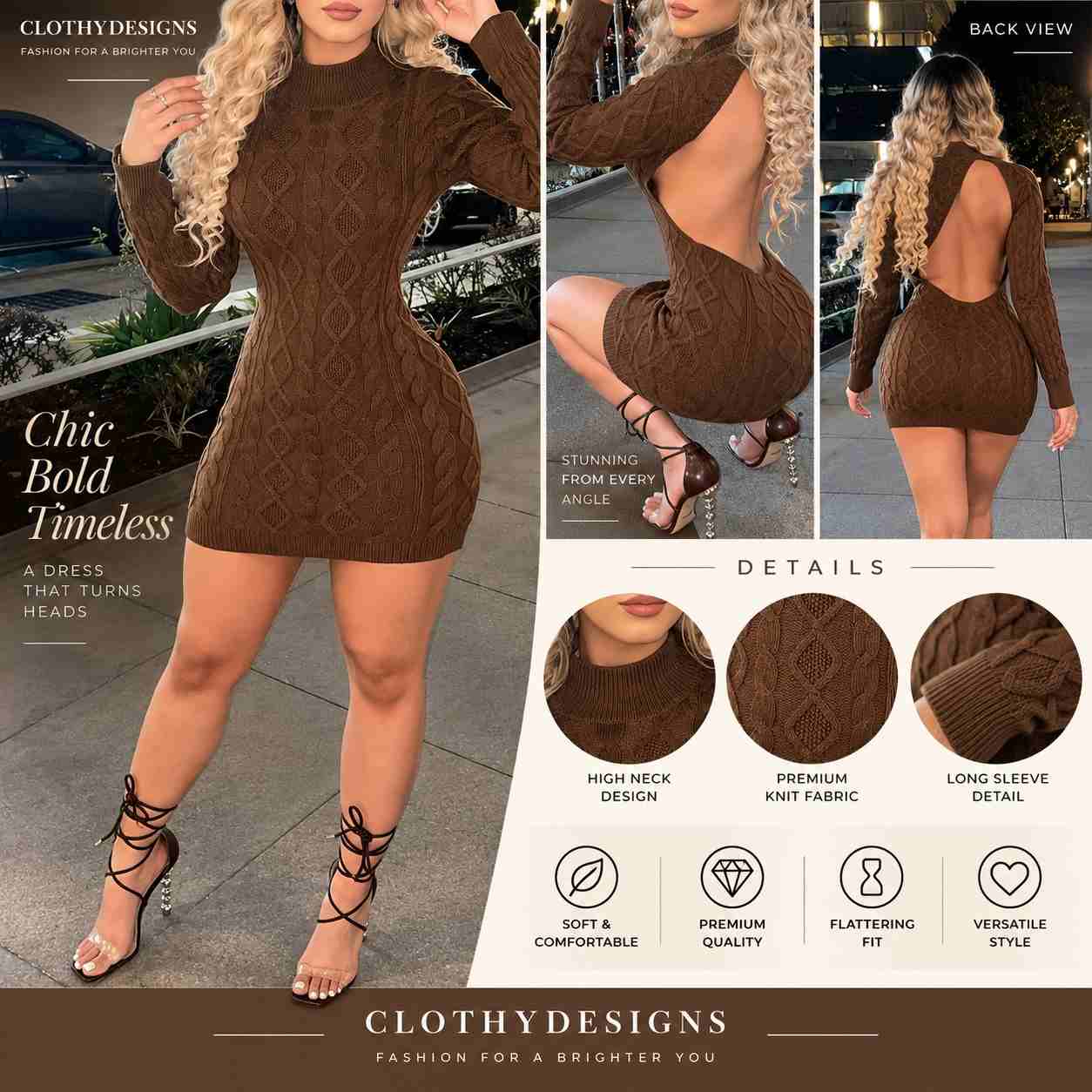 Women’s Twist Knit Backless Mini Dress – Long Sleeve Fall & Winter Elegant Sweater Dress